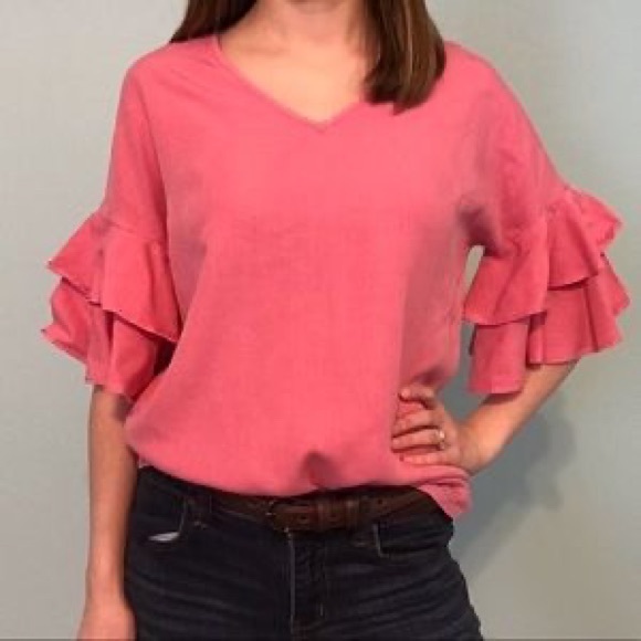 Love 8 Top Blouse Pink Bell Sleeve with Ruffles Women’s Sz Large - Picture 1 of 8